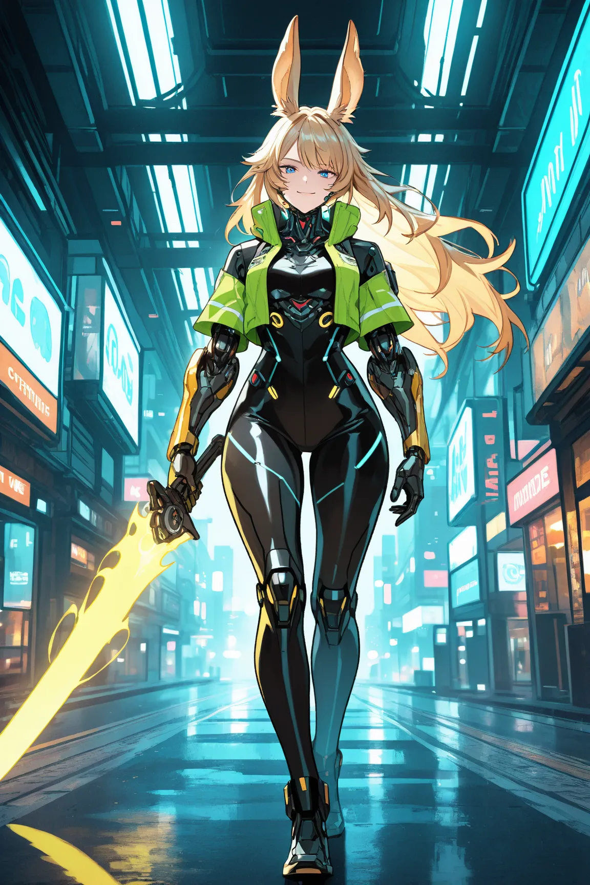 Cyberpunk, futuristic, mecha viera, bionic arms, organic body, organic legs, smiling, walking through the city, holding glowing energy sword