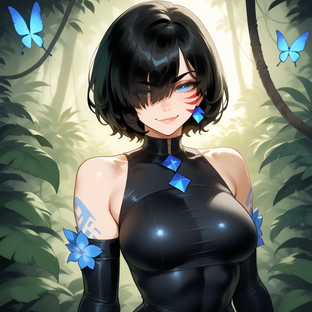 Light Skin_Female, short Black Hair, jungle setting, Adult, Blue_eyes, middle age woman, 1girl, smirk, red colored face markings, Black clothing, blue crystal earings, blue crystal neckless, black forearm sleeves, black shoulder tattoos, Hair Over One Eye,...