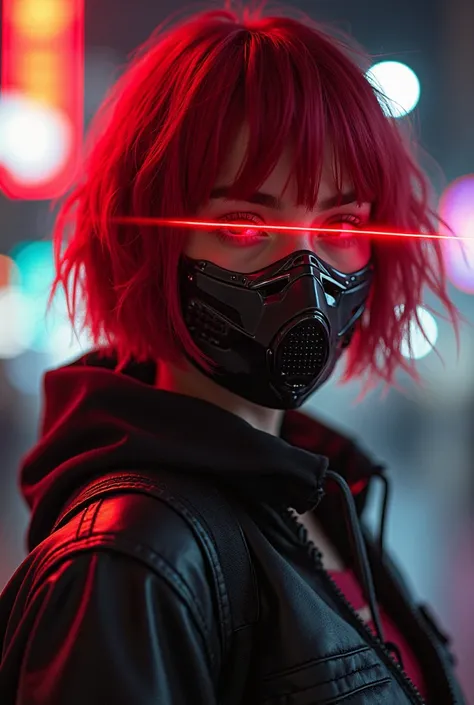 MAKE a Brazilian female character with short red hair, Your mask has a visor that emits a laser beam, this face is a red neon and its mask has military characteristics, sreetwere, Cyberpunk tactic. Wear a casual grunge outfit