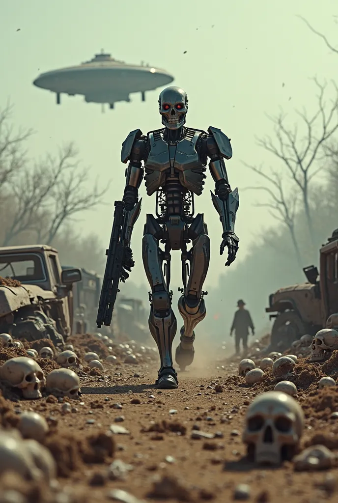 

_Create an ultra-realistic scene from an iconic scene from the movie "the Terminator of the Future" from 1984. The image shows an armed exterminator walking in an apocalyptic setting, walking on human skulls among wrecked cars. In the background, a man i...