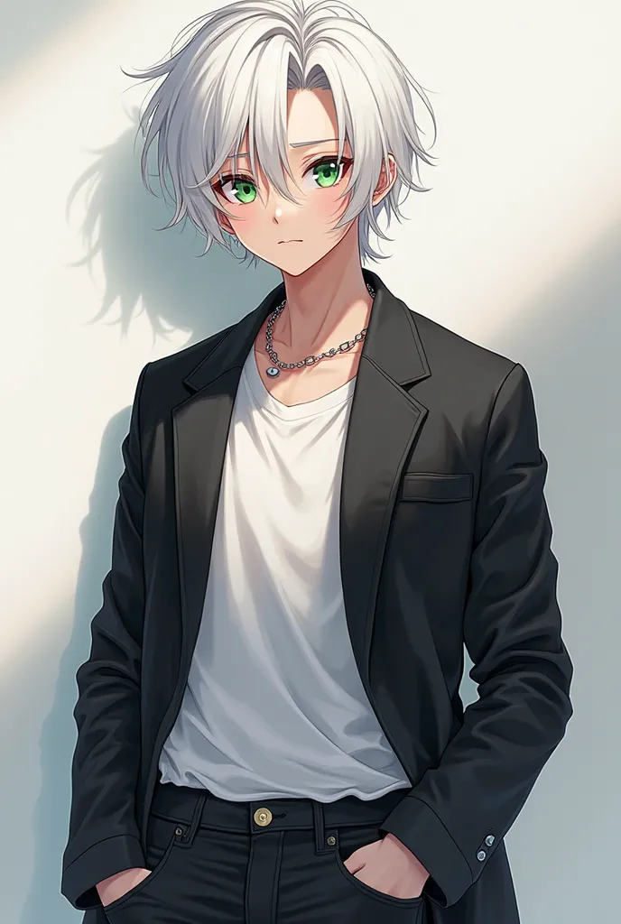 an anime character, White Hair, green eyes, black jacket, white polo, black jean pants. 