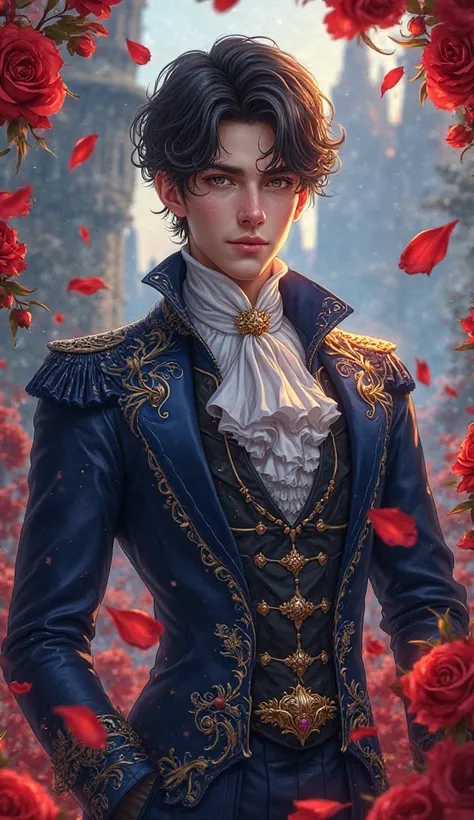 A highly detailed anime-style illustration of a noble young man named Erick, featuring warm tanned skin and refined, aristocratic features. His dark hair is neatly styled with a gentle wave, and his eyes shine with quiet determination and subtle mischief, ...