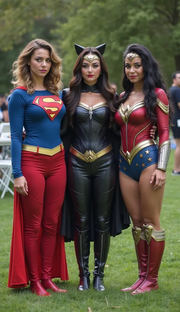 Three women dressed as iconic superheroes, standing outdoors against the backdrop of a park with green grass and chairs and paths that blur. The woman on the left that is Supergirl famously wears a blue and red costume with a striking 'S' emblem on her che...