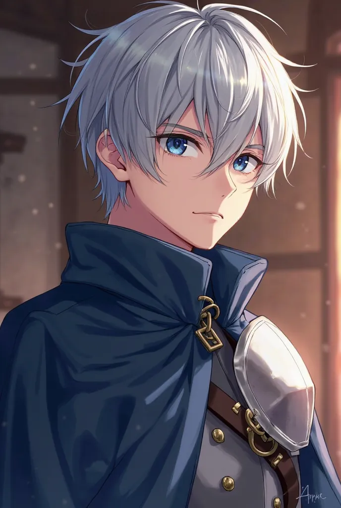 Solo, High Definition, Masterpiece, complete picture is anatomically correct, best quality,  short hair , Silver hair, Blue Eyes, shut your mouth,  serious face, Stare,, simple background, private view, Wearing western knight shoulder armor, but outside we...