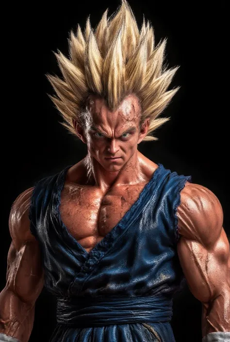 
Vegeta character from Dragon Ball Z, hyper realistic, wearing his characteristic costume, features are modified bringing more human aspects. He has an evil face, closed mouth, very strong, muscles and veins visible, can be characteristics of the character