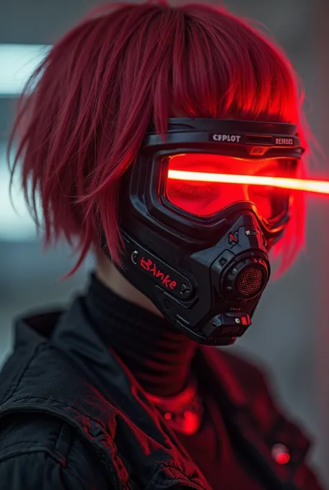 MAKE a Brazilian female character with short red hair, Your mask has a visor that emits a laser beam, this face is a red neon and its mask has military characteristics, sreetwere, Cyberpunk tactic. Wear a casual grunge outfit. Does your mask cover your fac...