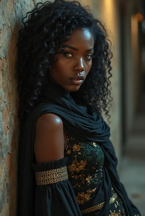 Dark-skinned woman, bold look,  long curly hair,  yellow-eyed, wearing an Arabian dress and an Arab scarf along with a rijabe, Background of her the night propped up on a wall looking to the side
