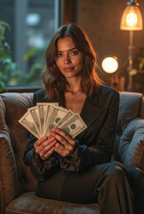 Picture with a female model with money in her hands, Sitting on a large sofa, Talking to a camera, with light rings in a professional live broadcast environment.