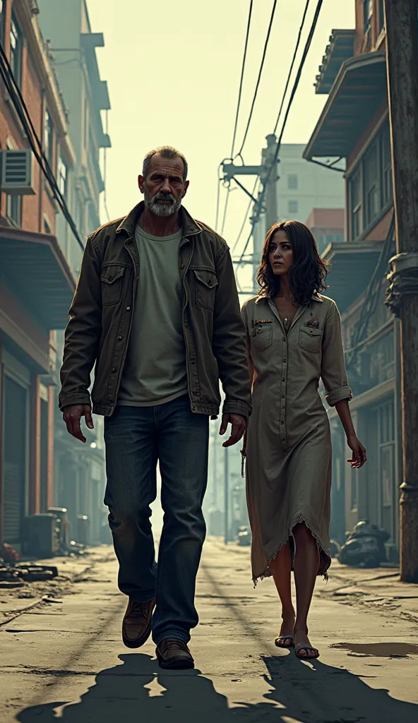  Create an ultra realistic image , Comic book style , Gta 6: Joel Miler walking with his head down, serious and thoughtful and his wife looking at him leaving desperately holding out both arms 