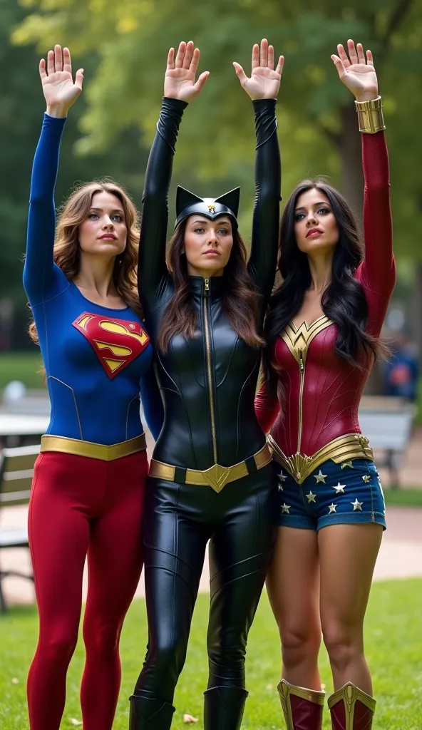 Three women dressed as iconic superheroes, standing outdoors against the backdrop of a park with green grass and chairs and paths that blur. The woman on the left that is Supergirl famously wears a blue and red costume with a striking 'S' emblem on her che...