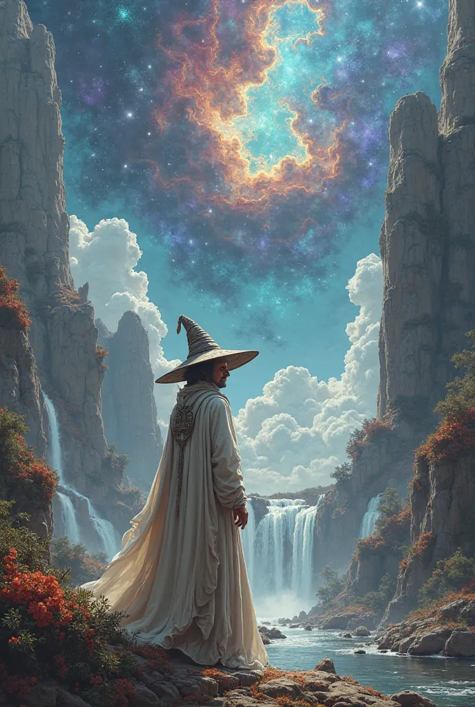 Help me create an image to get a tattoo of a wizard in a very beautiful place, showing a universe with landscapes never seen