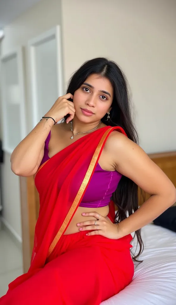 A woman wearing red saree and 
tight blouse  standing next to bed with milk glass 