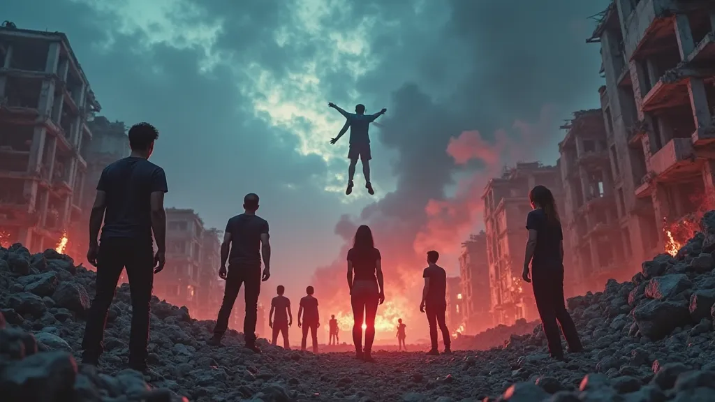 "An apocalyptic scene with several people having their souls stolen in the middle of a ruined city, with destroyed buildings in the background. People are climbing towards the sky in a dramatic and mysterious scene. The background presents a tense atmosphe...