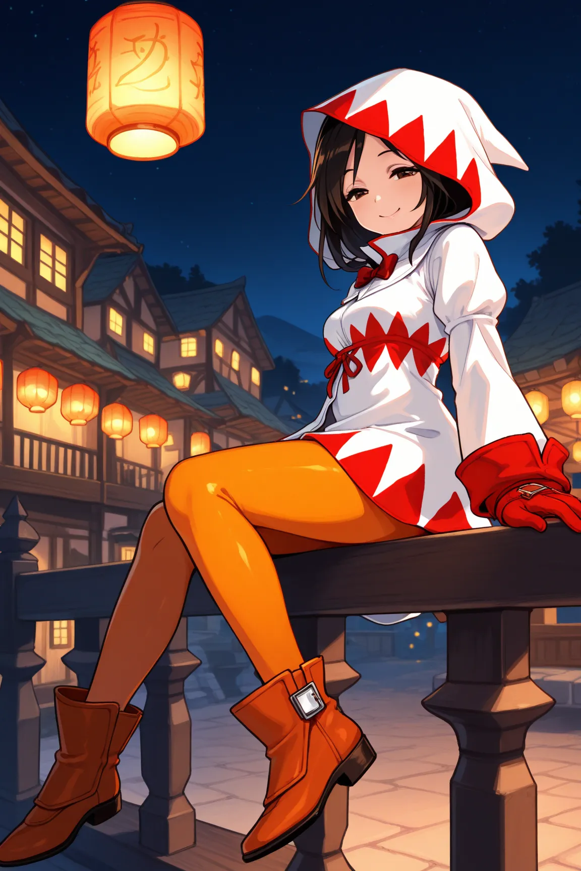 masterpiece, best quality, 1girl, solo, ffixgarnet, black hair, brown eyes, white mage, white robes, red bow, hood up, orange pants, orange bodysuit, red gloves, brown boots, night sky, paper lanterns, village, balcony, looking at viewer, sitting on railin...