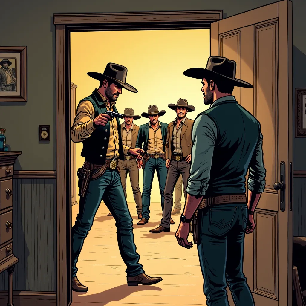 Create an image of A cowboy entering an Old West living room, with his gun in one hand, pointing at a man who struggles with another man in a suit. Another group of outlaw cowboys are inside the room watching him. The style of the image must be comic drawi...