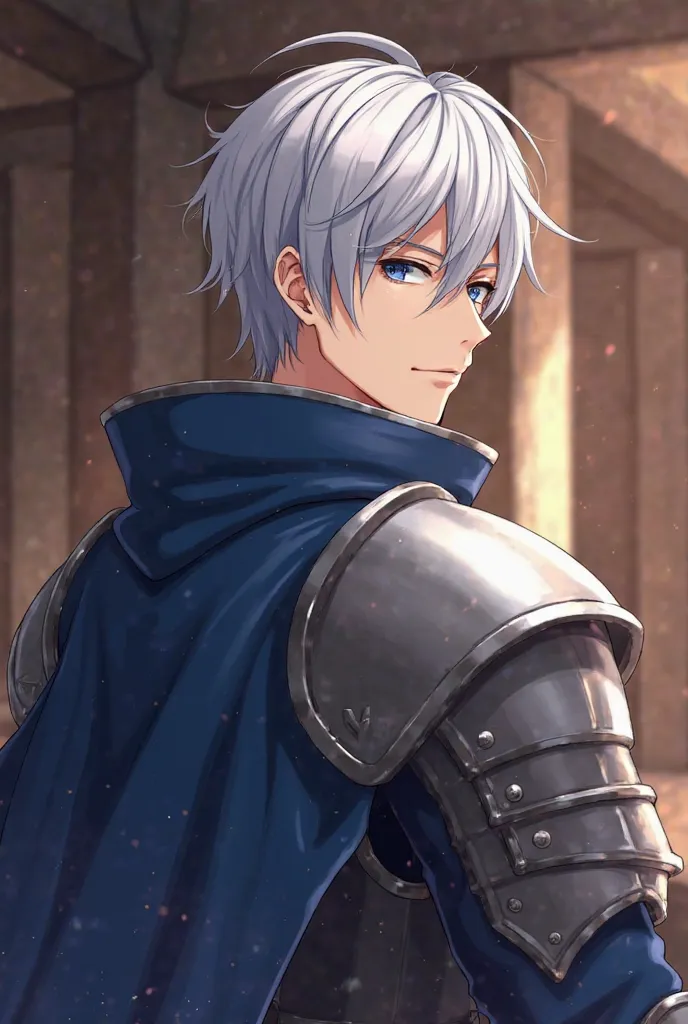 Solo, High Definition, Masterpiece, complete picture is anatomically correct, best quality,  short hair , Silver hair, Blue Eyes, shut your mouth,  serious face, Stare,, simple background, private view, Wearing western knight shoulder armor, but outside we...