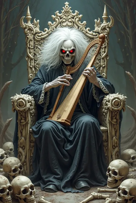 A pale necromancer with red eyes and huge white hair sits on a throne made of bones and plays a harp while he is surrounded on all sides by skeletons and skulls.