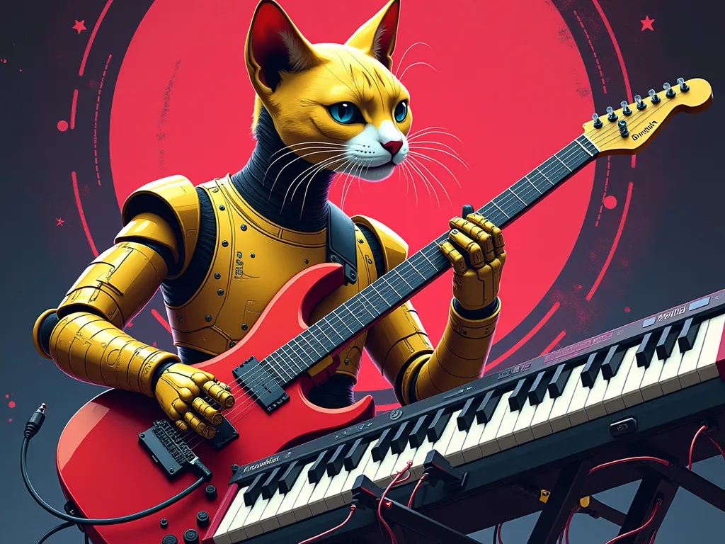 digital ustrations in futuristic retro style with bright colors and dynamic compositions. A humanoid cat with a gold and red robotic body plays guitar His expression is friendly and confident. The background has an abstract graphic design with the typical ...