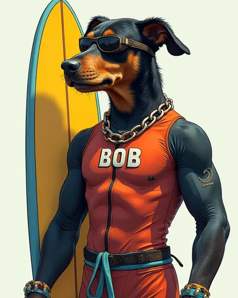 with a human body,  Holds a  . The dog wears a wetsuit in surfer style, wears a snorkel and chain necklace. The necklace has the name BOB、wears BOB written on the wetsuit、Has a surfboard in one hand、designs should have a bold and modern aesthetic、It looks ...