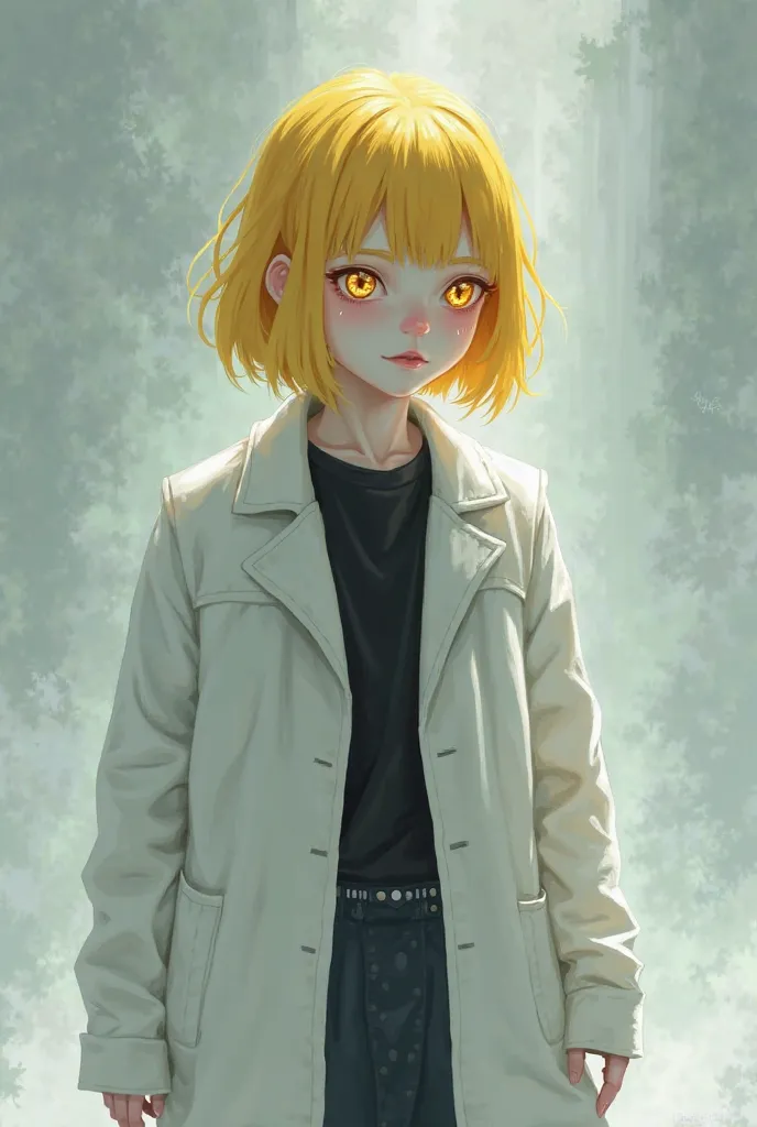 15-year-old girl short yellow hair pink skin without pupils in her eyes long white jacket Asia back,black shirt under his jacket