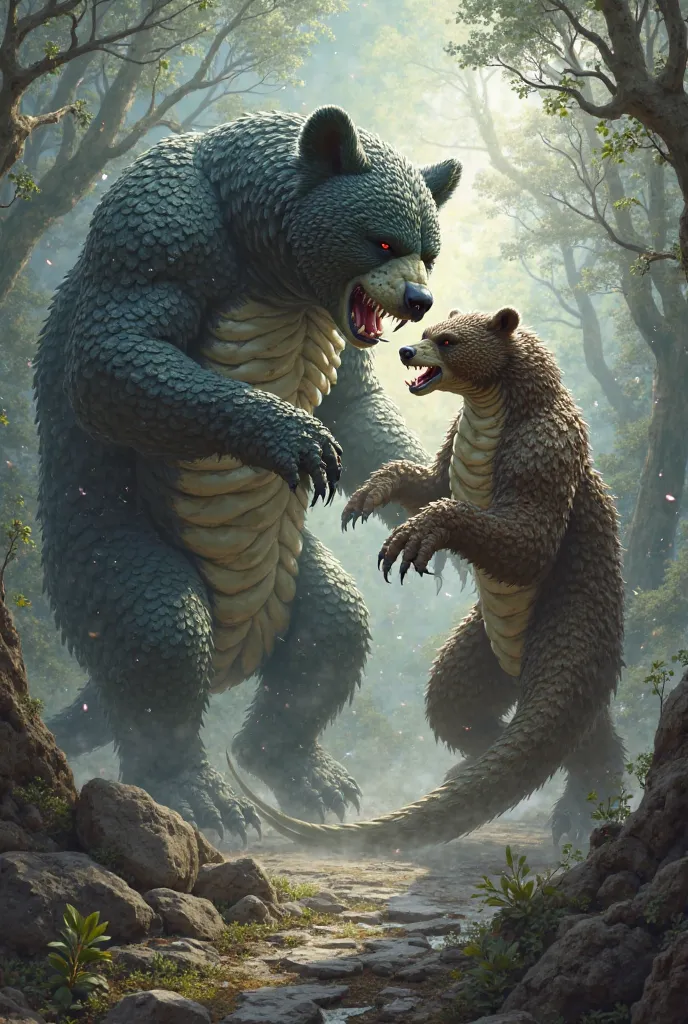 Create a snake-bodied bear fighting a bear-bodied snake