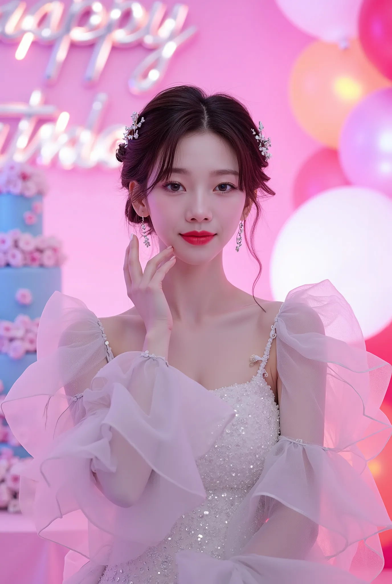 a tall girl with beautiful korean face, pale skin, red lips, a bit smile, wearing white luxury shining shimmering long sleeves dress with accessories on dress. hair chignon style brown hair with accessories pendant necklace. background neon pink fuschia an...