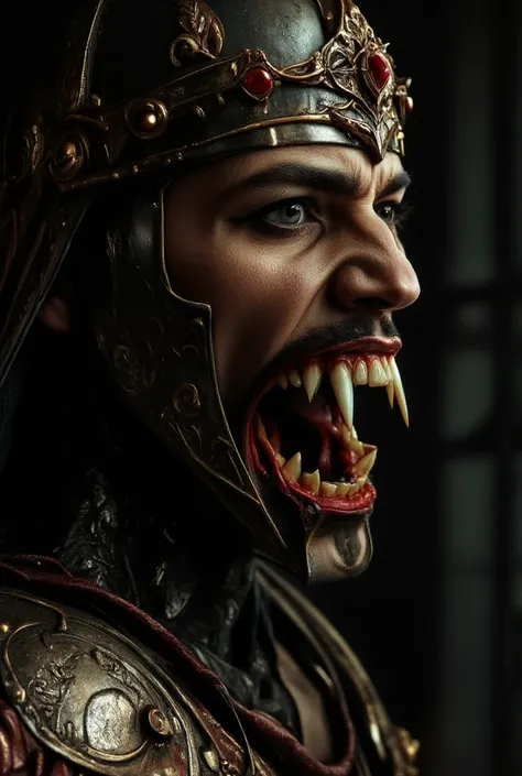 Vampire warrior king with large pointed teeth wearing Spartan armor, com a boca aberta mostrando  large, pointed teeth ,  large, pointed teeth  ,  soldier, night, dancing,  8k quality,  a very detailed face, cinematic