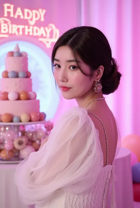 a tall girl with beautiful korean face, pale skin, red lips, a bit smile, wearing white luxury shining shimmering long sleeves dress with accessories on dress. hair chignon style brown hair with accessories pendant necklace. background neon pink fuschia an...