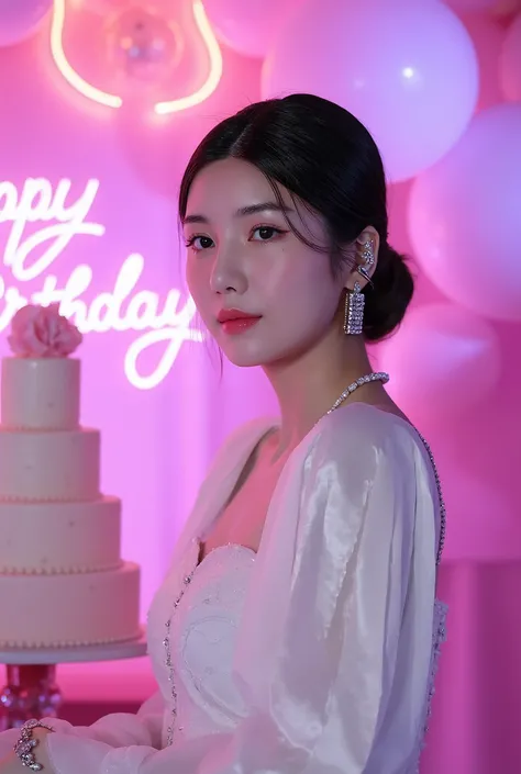 a tall girl with beautiful korean face, pale skin, red lips, a bit smile, wearing white luxury shining shimmering long sleeves dress with accessories on dress. hair chignon style brown hair with accessories pendant necklace. background neon pink fuschia an...