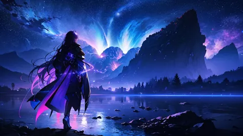  Magic Energy Spark， Cinematic Composition ，Night Sky，Epic and Tense Moments，Mysterious Purple Haired Woman，Flowing Coat，  Profile ， Rear View，space sky , 星星點點的Night Sky，rainbow，Dramatic Light Shadow，Dynamic Pose， colorful water 