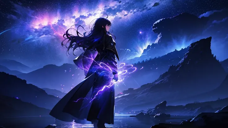  Magic Energy Spark， Cinematic Composition ，Night Sky，Epic and Tense Moments，Mysterious Purple Haired Woman，Flowing Coat，  Profile ， Rear View，space sky , 星星點點的Night Sky，rainbow，Dramatic Light Shadow，Dynamic Pose， colorful water 