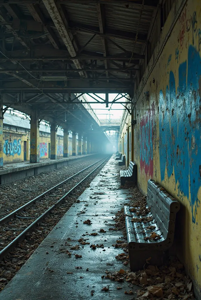 A dangerous train station in a hostile and frightening setting. The environment is filled with graffiti,And signs of violence. The walls, covered with marks of vandalism, They have the inscription "bush" painted in blue ink.Canudos NH is also written on th...