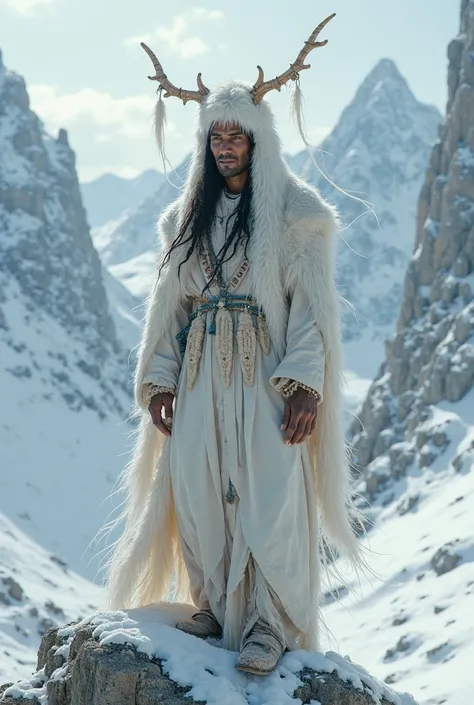 Red Indian wearing a white wolf hat on a snowy mountain, cursed with a bone bow, a white frock. 