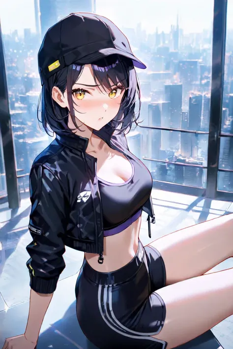 1girl, young adult girl, short black hair, spiky hair, yellow eyes, tsundere expression, slim body, tall stature, sitting, wearing purple open jacket, black sport bra, tight sport shorts, black wool cap, city, absurdres, high resolution, ultrasharp, 8k, ma...