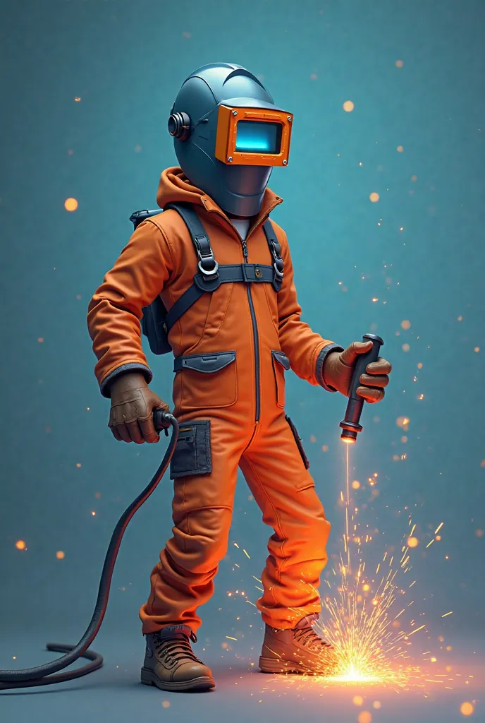 A full-body 3D-rendered welder in protective gear and a welding mask, standing in an epic pose while welding a metal structure. The style is slightly cartoonish with smooth, clean details. Bright, vivid colors make the scene visually striking. Sparks fly d...