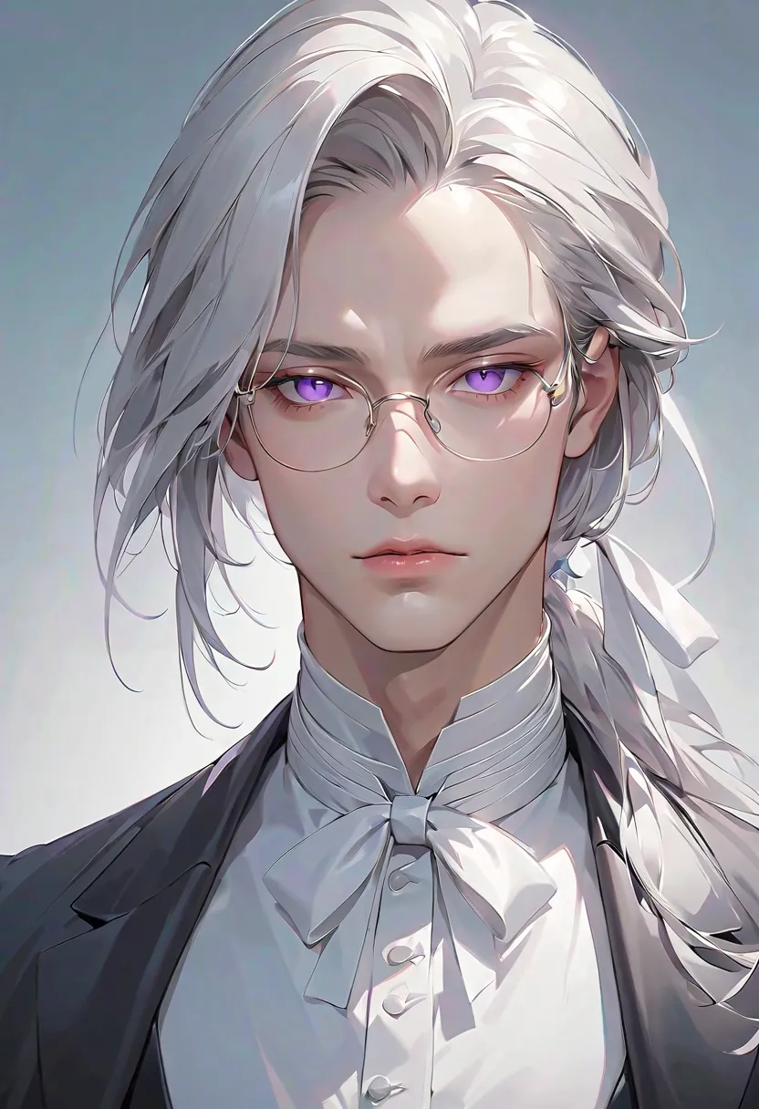 A hyper-detailed, ultra-high-definition anime-style illustration of a male butler character. He has long, silky silver hair tied into a low ponytail with a white ribbon, with each strand intricately detailed and reflecting soft light, creating a luxurious ...