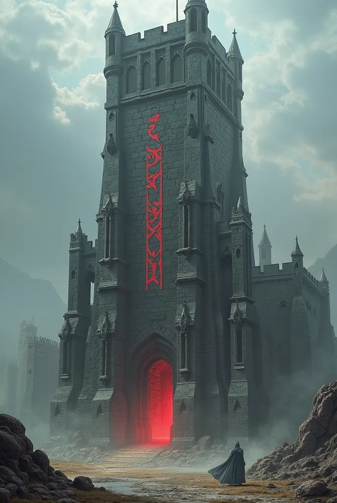 a dark medieval tower, From several floors high, with reddish red runes on the walls 