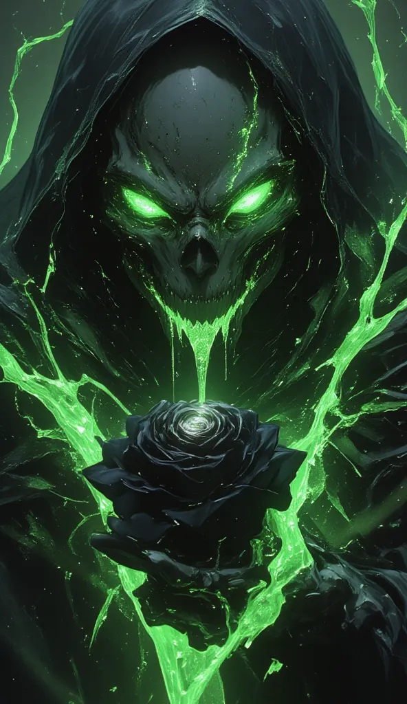 (masterpiece), Grim Reaper  demon face, is looking down at a black rose that holds in his skull-like hand, cowboy shot,  (best quality:1.4), (ultra highres:1.2), (hyperrealistic:1.4), (photorealistic:1.2), dark colours, dinamic pose, dark fantasy, (((centr...