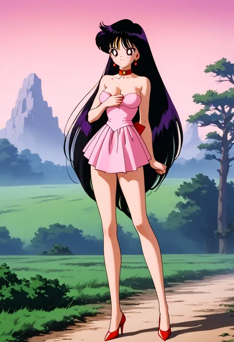 rei hino, Very long hair, Black hair, Split Bangs, purple eyes shirt,  90's style, 1 girl, alone, best quality, masterpiece, high definition, strapless, a tight pink dress with short sleeves with bare shoulders,  of foot, arms at your sides, collar, in the...