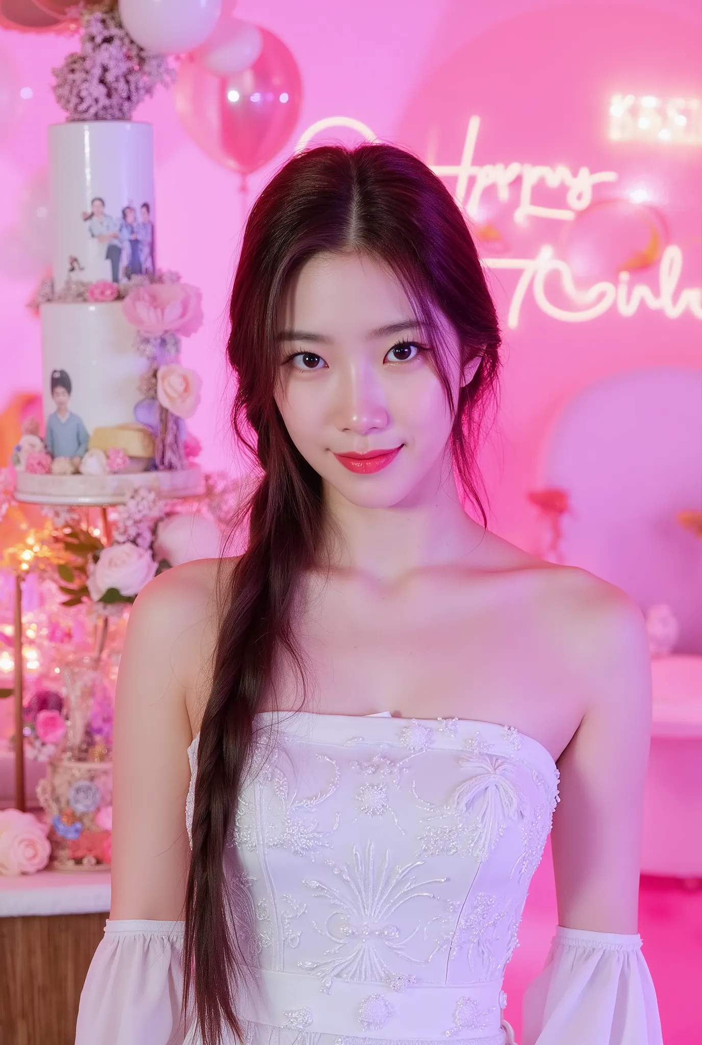 a tall girl with beautiful korean face, pale skin, red lips, a bit smile, wearing white luxury shining shimmering long sleeves dress with accessories on dress. hair chignon style brown hair with accessories pendant necklace. background neon pink fuschia an...