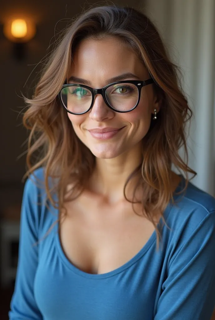 big boobs visible very big arafed woman in glasses and a blue top posing for a picture, portrait of Eva Ryder, reddit, What&#39;Eat-ce Whate c&#39;Eat?, slight Ringard smile, cute slightly Ringard smile, in glasses, thick glasses, in glasses on, splitting,...