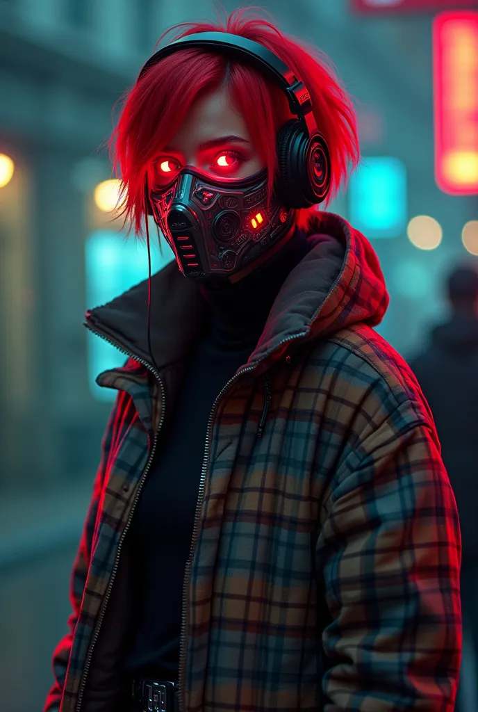 MAKE a Brazilian female character with short red hair, Your mask has a technological display,And that face is a red neon and your mask has military characteristics, sreetwere, Cyberpunk tactic. Wear a casual grunge outfit. Does your mask cover your face co...