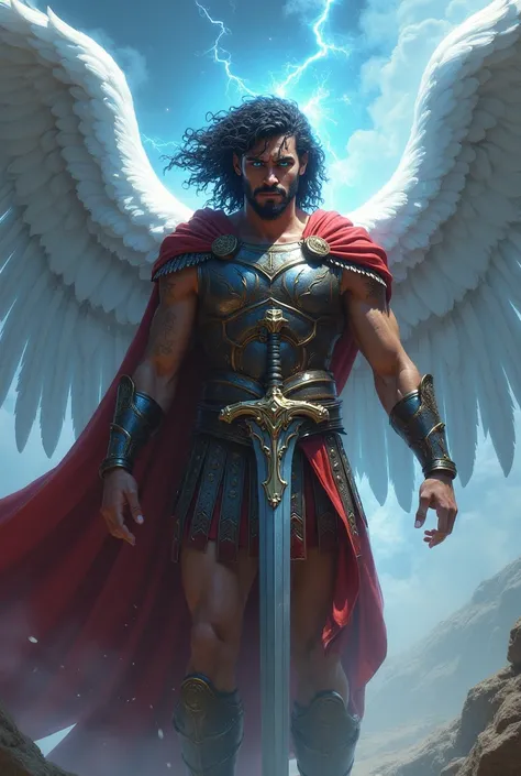 Angel man, with white and gray wings, tanned, ice blue eyes, Roman clothing war armor,  Roman sandals ,  curly hair black, Roman double-edged sword, ice-blue aureole, red clothes