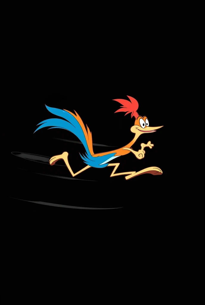 A very fast and aggressive cartoon road runner with a black background