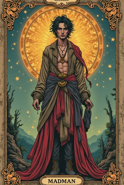 Create images for the clothing brand Cerebrão Cannabico, In the style of tarot cards (the madman), with details of the gypsy culture, male, underground 