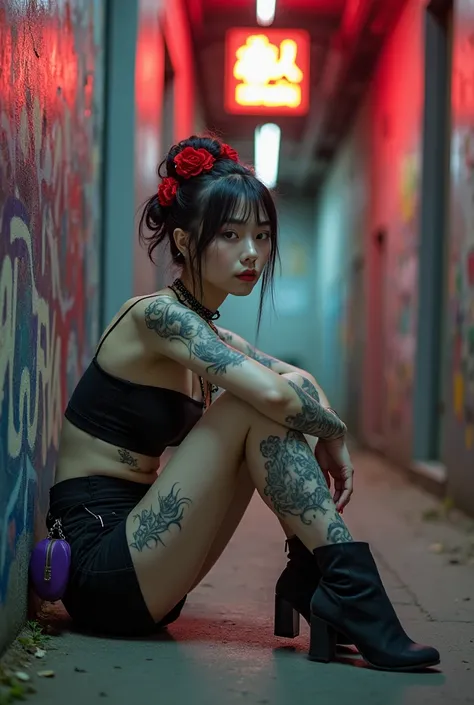 A photo-realistic shoot from a side camera angle about a woman with tattoos sitting in a dimly lit alleyway, surrounded by graffiti-covered walls. the image also shows neon signs in the background. on the middle of the image, a 20-year-old asian woman with...