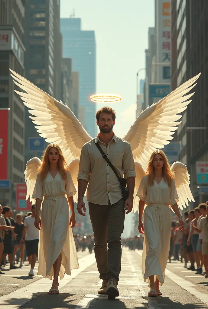 A man was walking through the streets of the city, accompanied by two fair-haired warrior angels who protected him. 