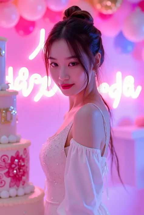 a tall girl with beautiful korean face, pale skin, red lips, a bit smile, wearing white luxury shining shimmering long sleeves dress with accessories on dress. hair chignon style brown hair with accessories pendant necklace. background neon pink fuschia an...