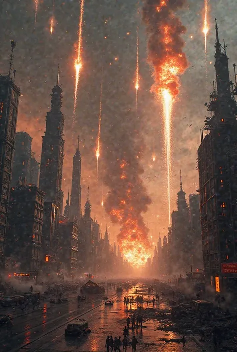 **"A massive, futuristic city filled with towering skyscrapers and bright neon lights is under a catastrophic meteor shower. Fiery meteors of various sizes streak across the darkened sky, leaving behind glowing trails of smoke and fire. Some meteors are cr...