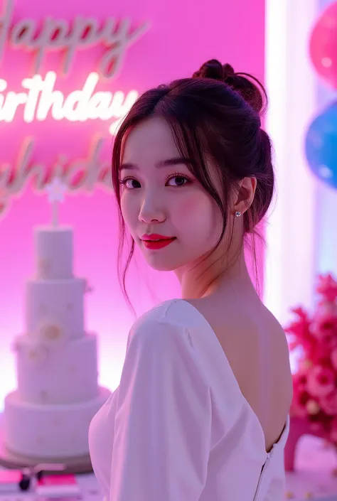 a tall girl with beautiful korean face, pale skin, red lips, a bit smile, wearing white luxury shining shimmering long sleeves dress with accessories on dress. hair chignon style brown hair with accessories pendant necklace. background neon pink fuschia an...